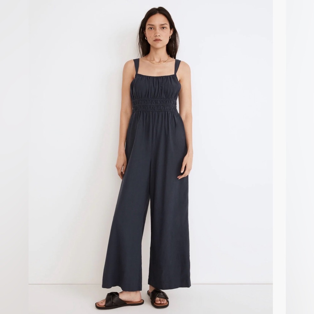 Madewell Linen-Blend Sophie Tank Wide-Leg Jumpsuit Navy Size Medium